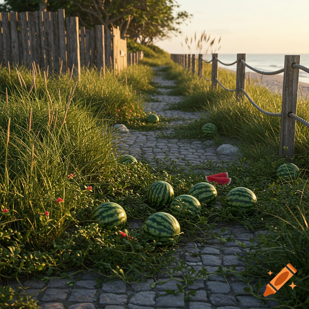 Photorealistic image of watermelons scattered along a cobblestone path through coastal grass by a wooden fence and shoreline.