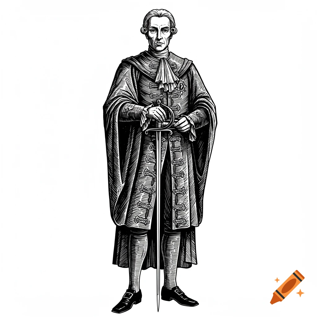 A man in a long robe and wig, holding a sword, depicted in a woodcut style on a white background.