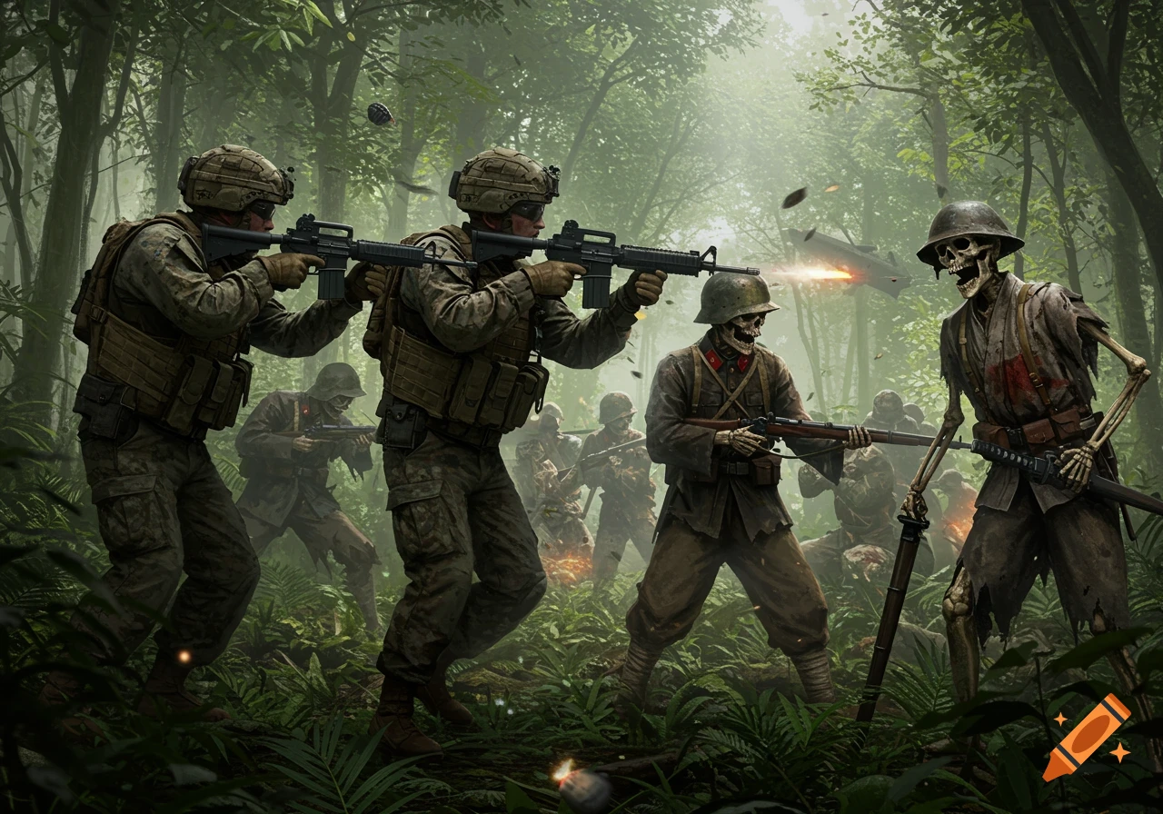 Modern American Marines in camouflage tactical gear battle Imperial Japanese skeleton soldiers armed with rifles in a misty jungle.