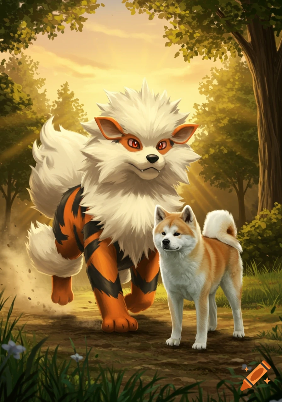 A large white and orange Arcanine Pokémon walks next to a light brown Akita Inu dog on a dirt path in a sunny forest.