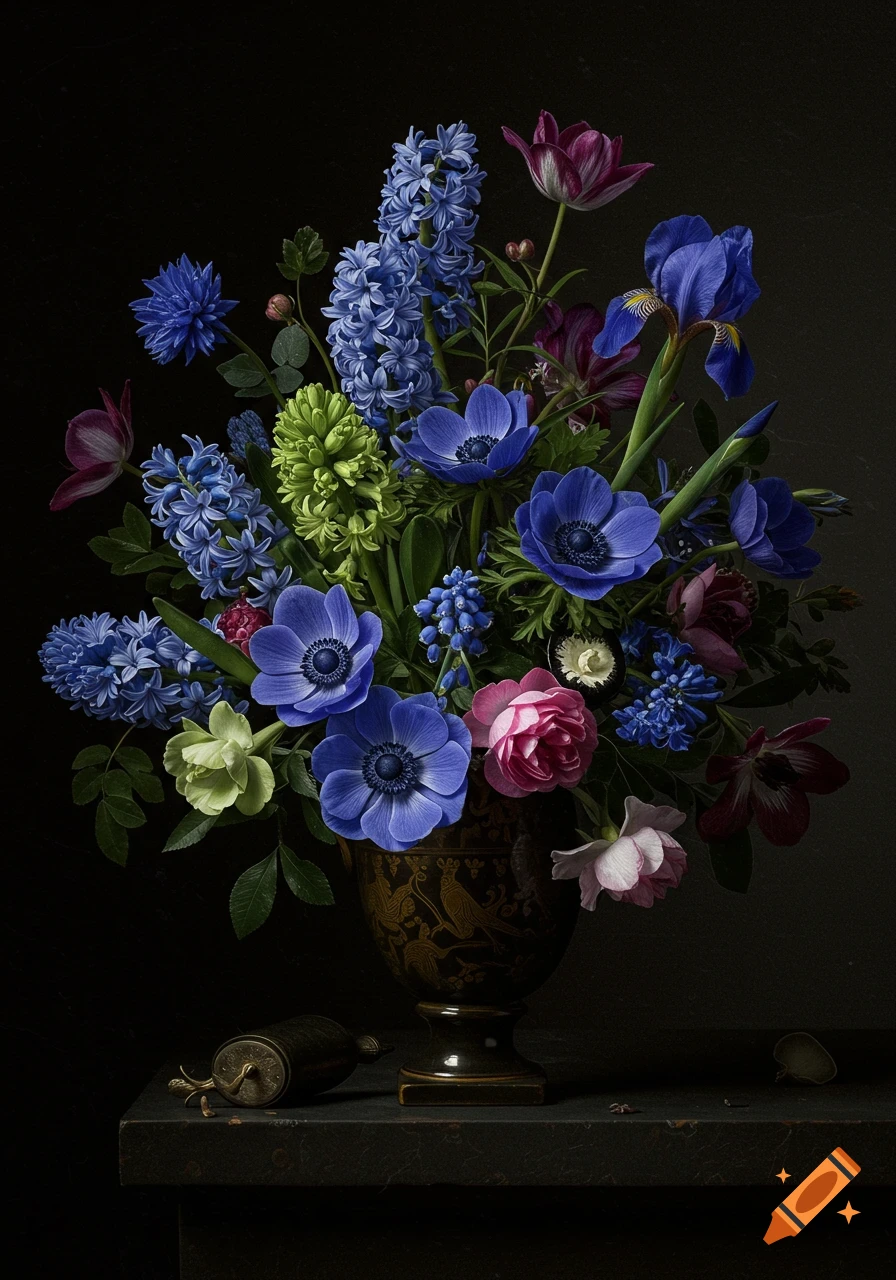 A vibrant floral still life painting in the style of Dutch Masters, featuring a bouquet of blue, pink, and green flowers in a decorative vase against a dark background.