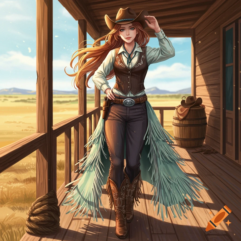 Anime-style cowgirl with long brown hair and a hat stands on a wooden porch, wearing a vest, fringed pants, and boots.