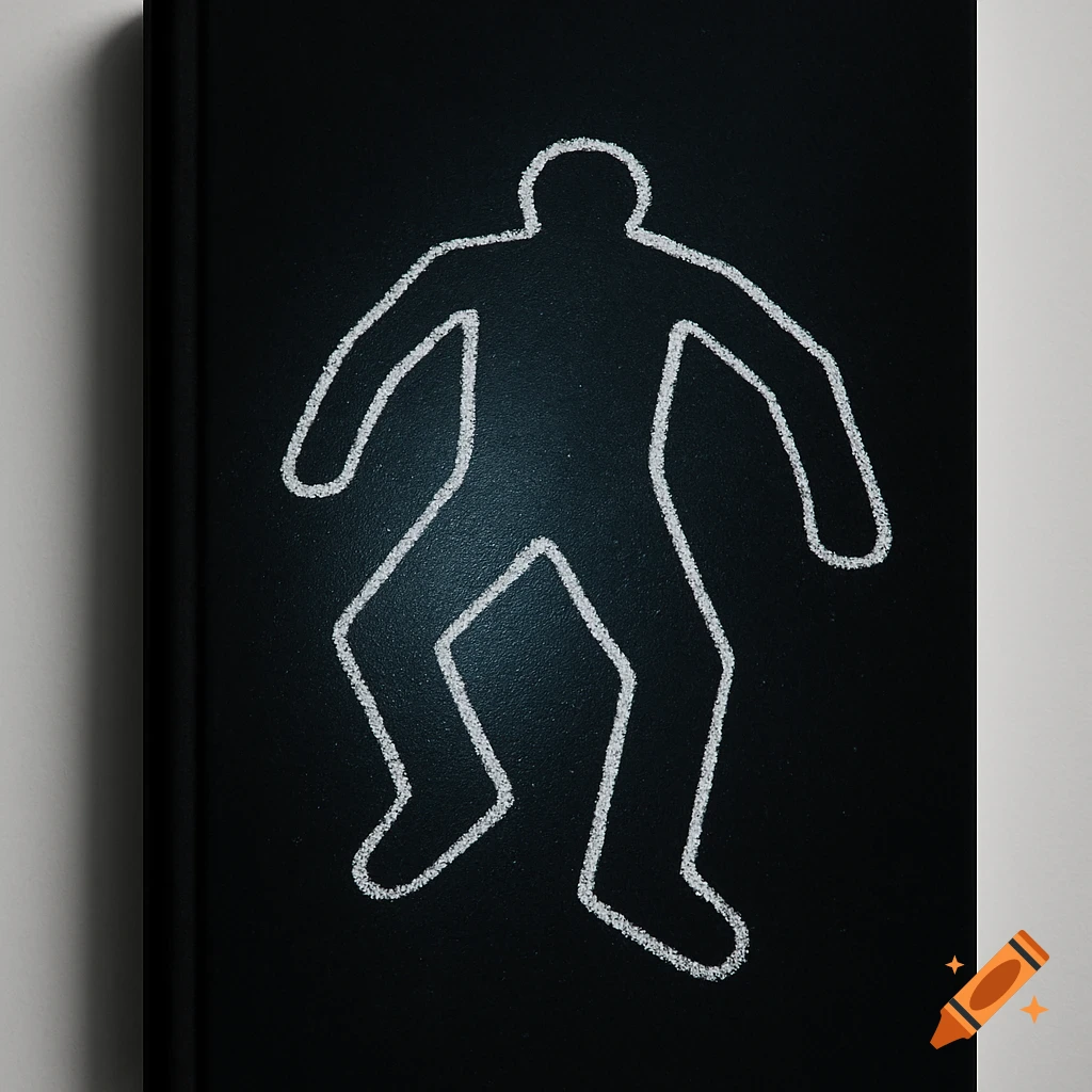 White chalk outline of a human body on a black background, lit cinematically, on a book jacket.