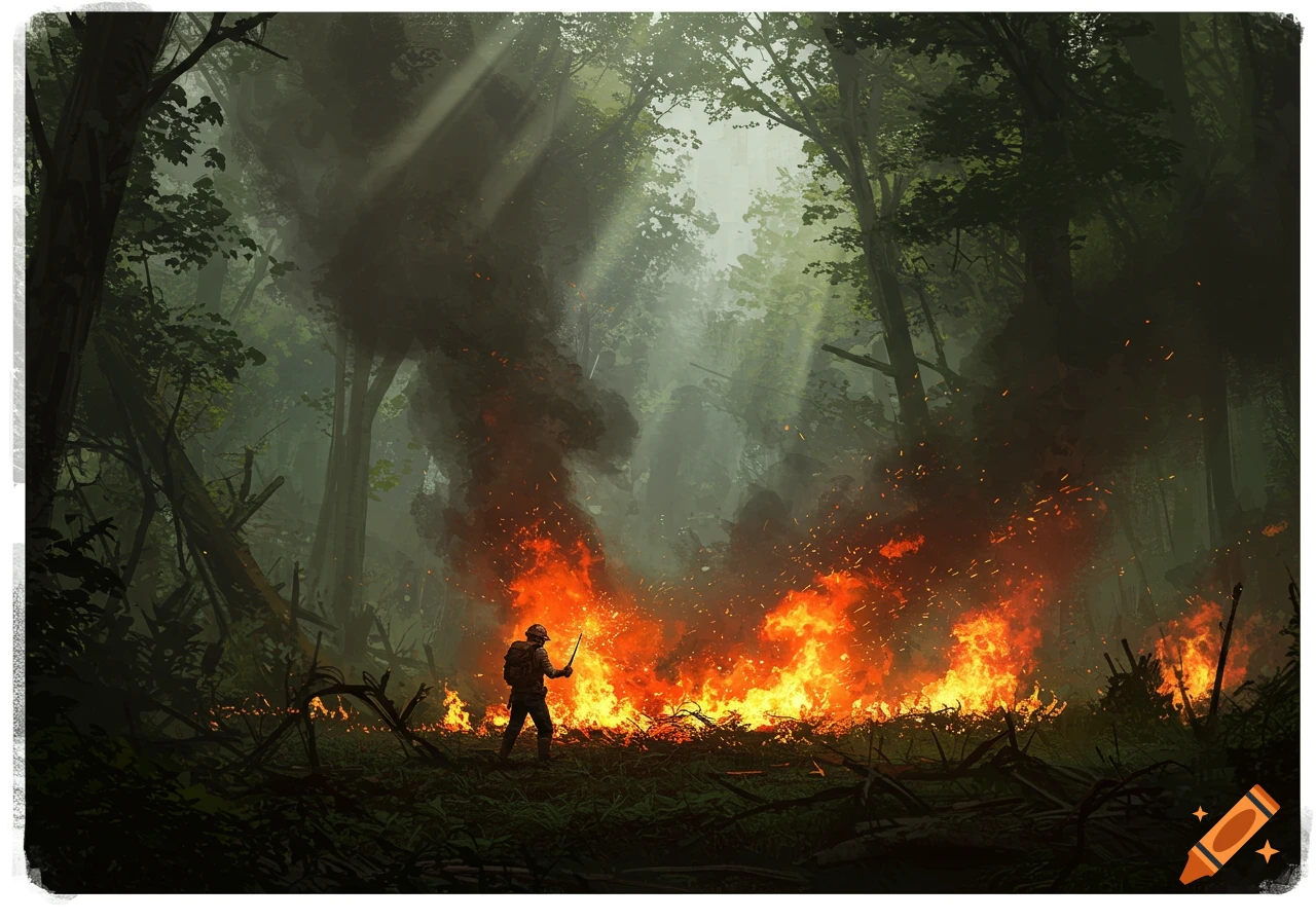 A lone figure stands amidst a blazing forest fire, smoke billowing into the green trees and light rays. Digital painting.