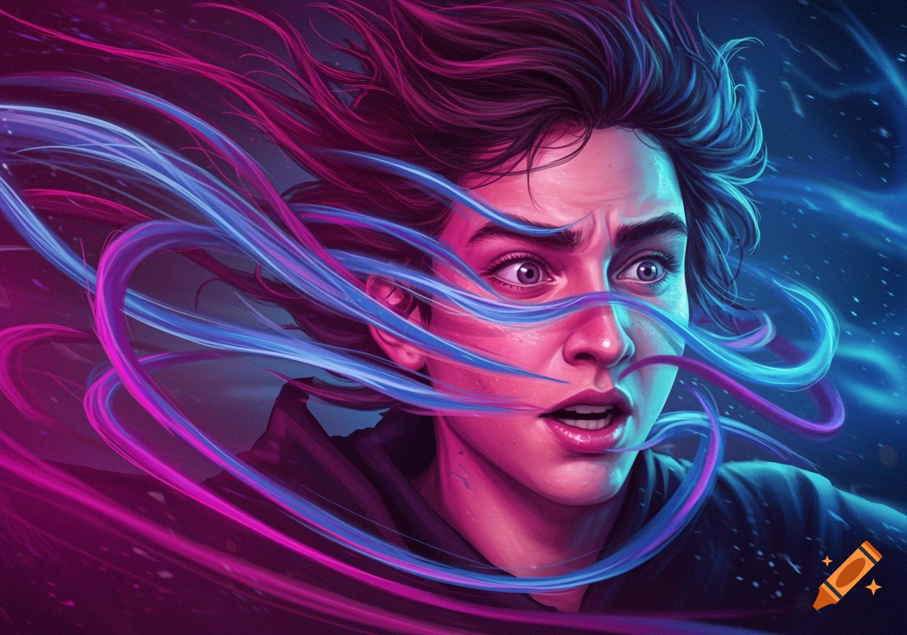 Digital art of a person's face, wide-eyed and mouth open, surrounded by dynamic pink and blue energy lines.