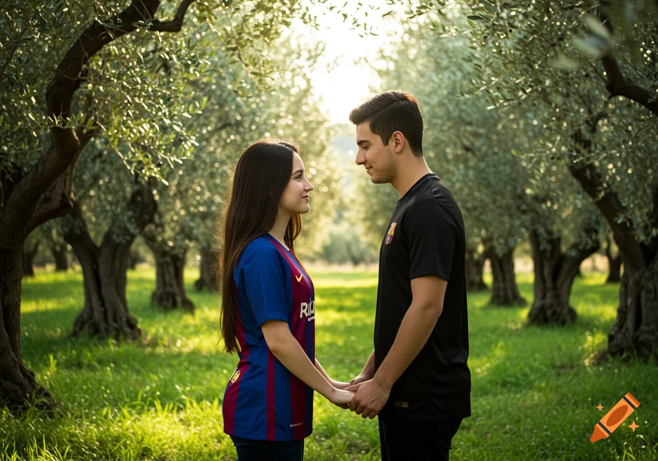 A young couple in FC Barcelona jerseys holding hands in a sunny olive grove, looking at each other affectionately.