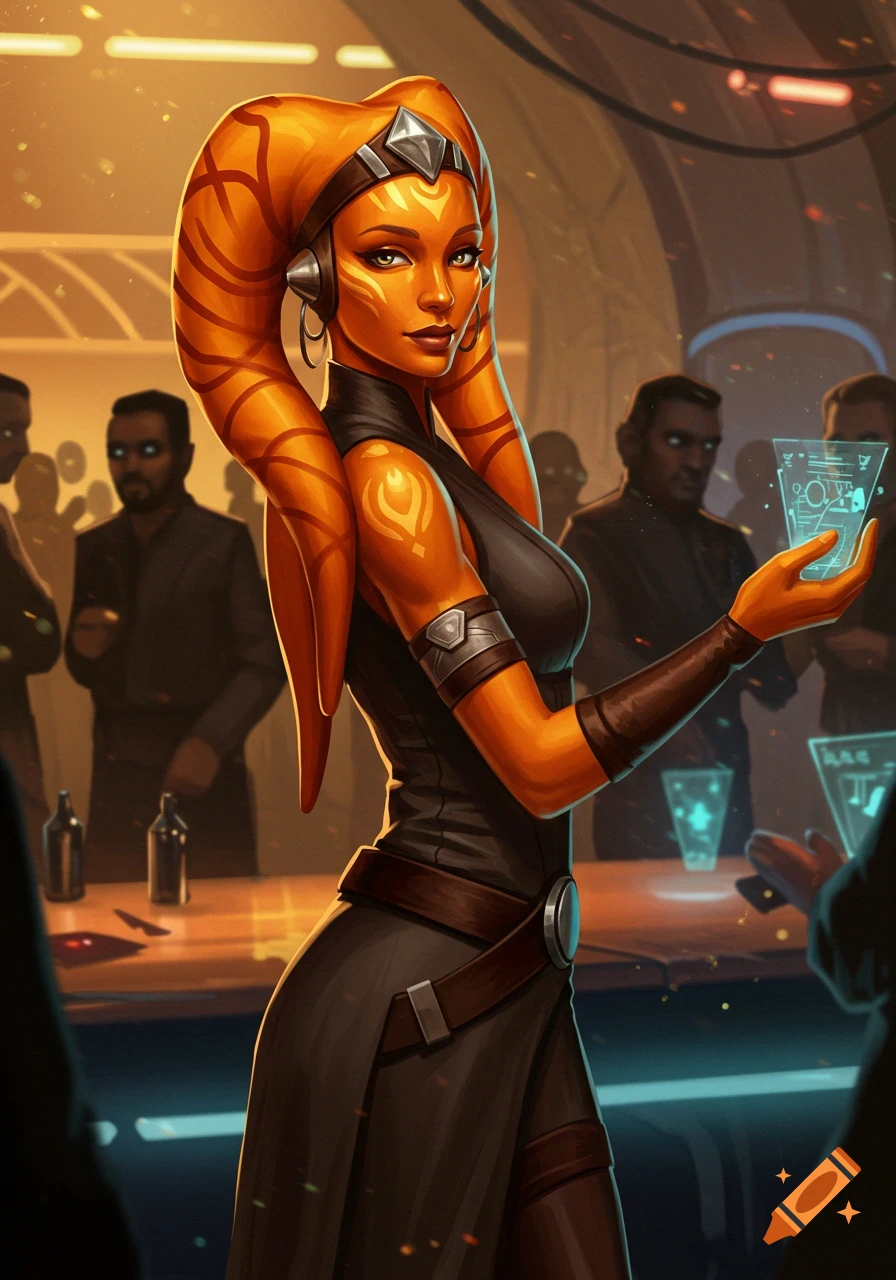 A striking orange-skinned Twi'lek woman with lekku, wearing a dark outfit, stands in a futuristic bar, holding a glowing holographic device. Digital art.
