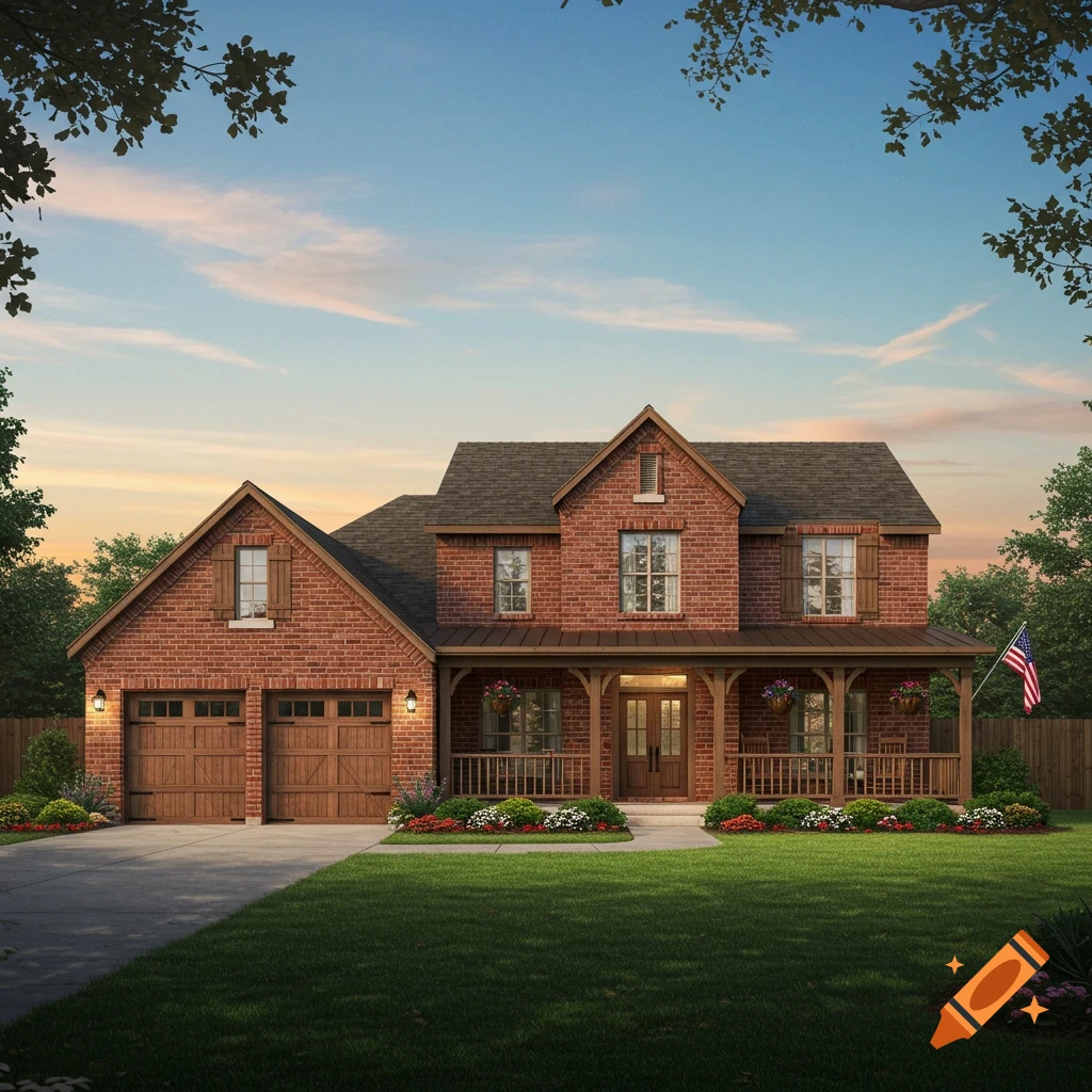 Photorealistic image of a two-story brick house with a large front porch, attached garage, and green lawn under a sunset sky.