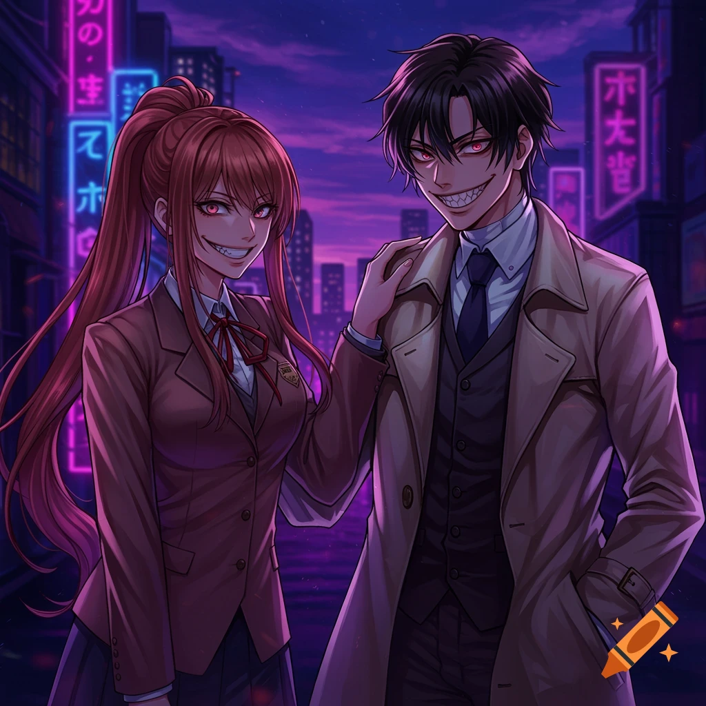 Two anime characters, a red-haired woman and a dark-haired man, with unsettling wide smiles and red eyes, stand in a neon-lit city street at night.