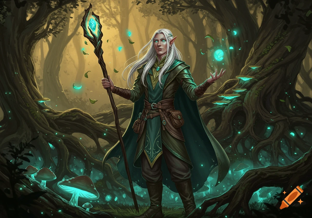 A white-haired elf in green robes holds a glowing staff and casts magic in a mystical forest with bioluminescent mushrooms.