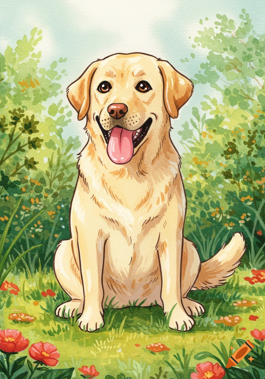 A happy yellow Labrador dog sitting in a lush green field with colorful flowers, rendered in a watercolor style.