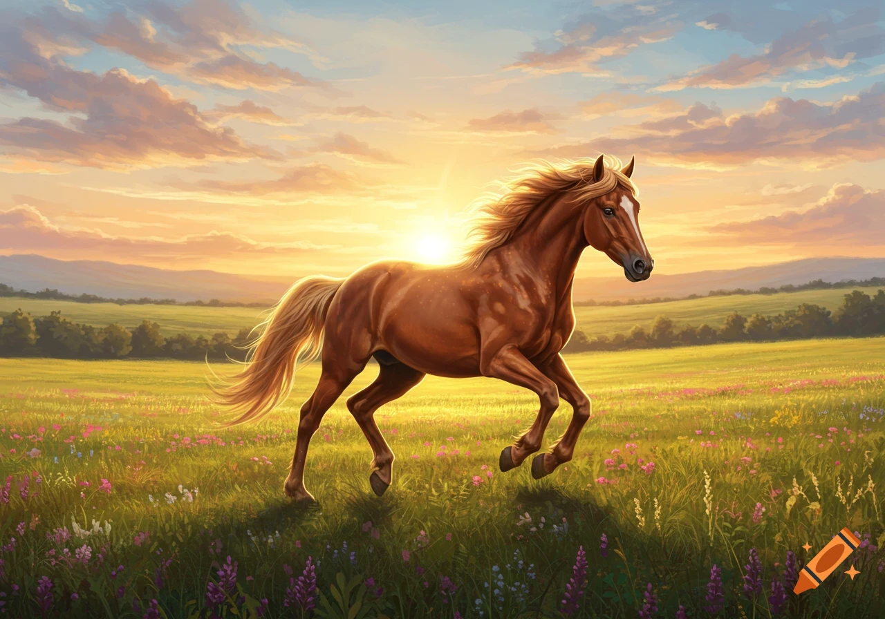 A majestic brown horse with a flowing mane gallops through a vibrant green field filled with wildflowers at sunset, under a sky with golden clouds.