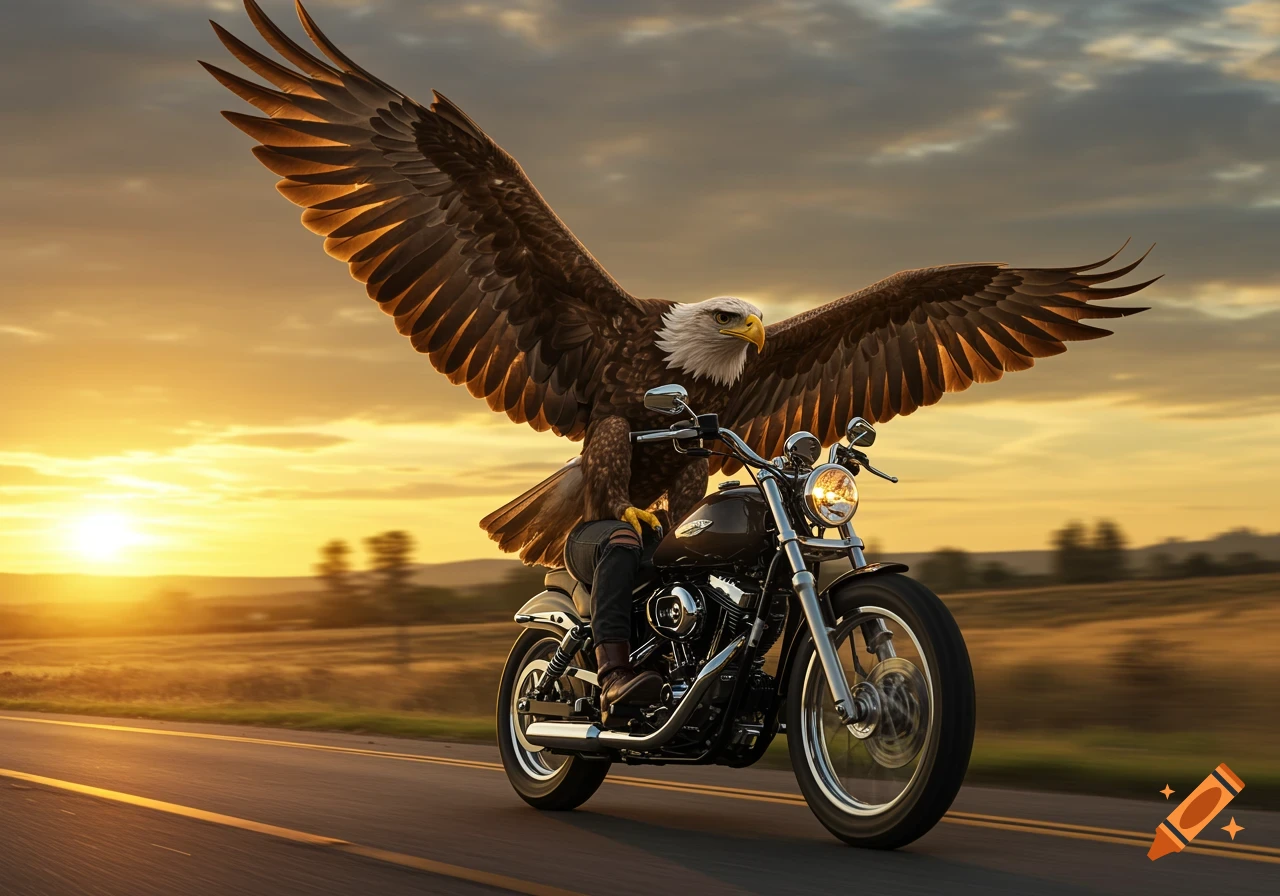 A majestic bald eagle with outstretched wings rides a motorcycle down a highway at sunset.