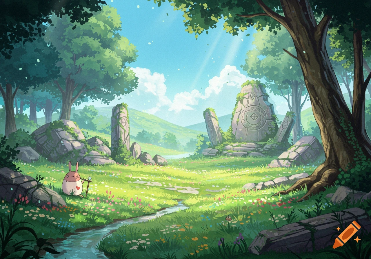 A whimsical Ghibli-style fantasy landscape with ancient mossy ruins, a small pink and white creature with a staff, a stream, and wildflowers under a bright blue sky.