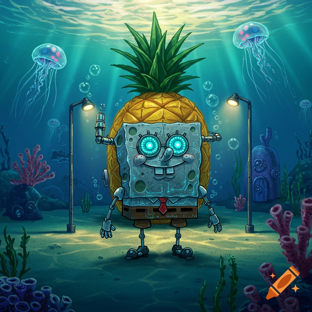 A digital illustration of a robot Spongebob with a pineapple head standing on the ocean floor, surrounded by jellyfish and coral.