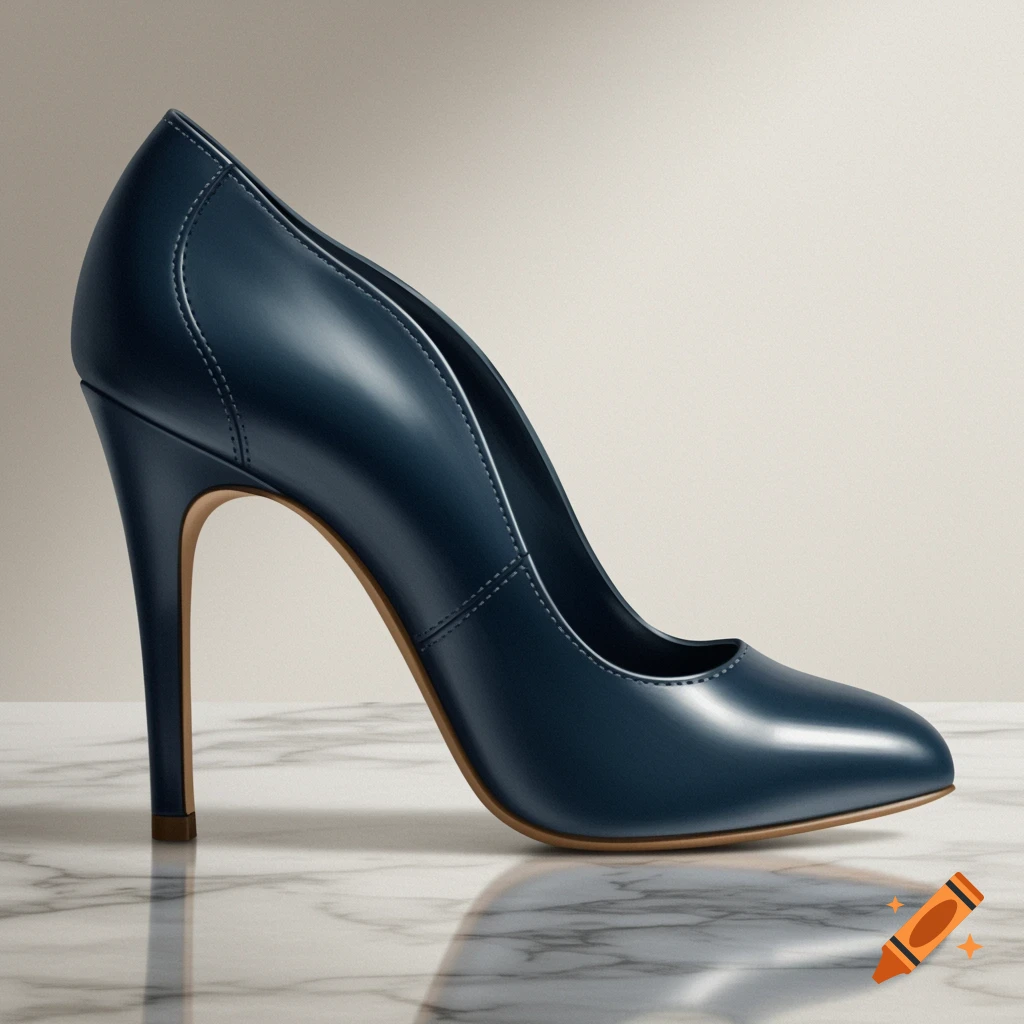 A photorealistic image of a dark blue leather high-heeled pump with a stiletto heel, reflecting on a white marble surface.