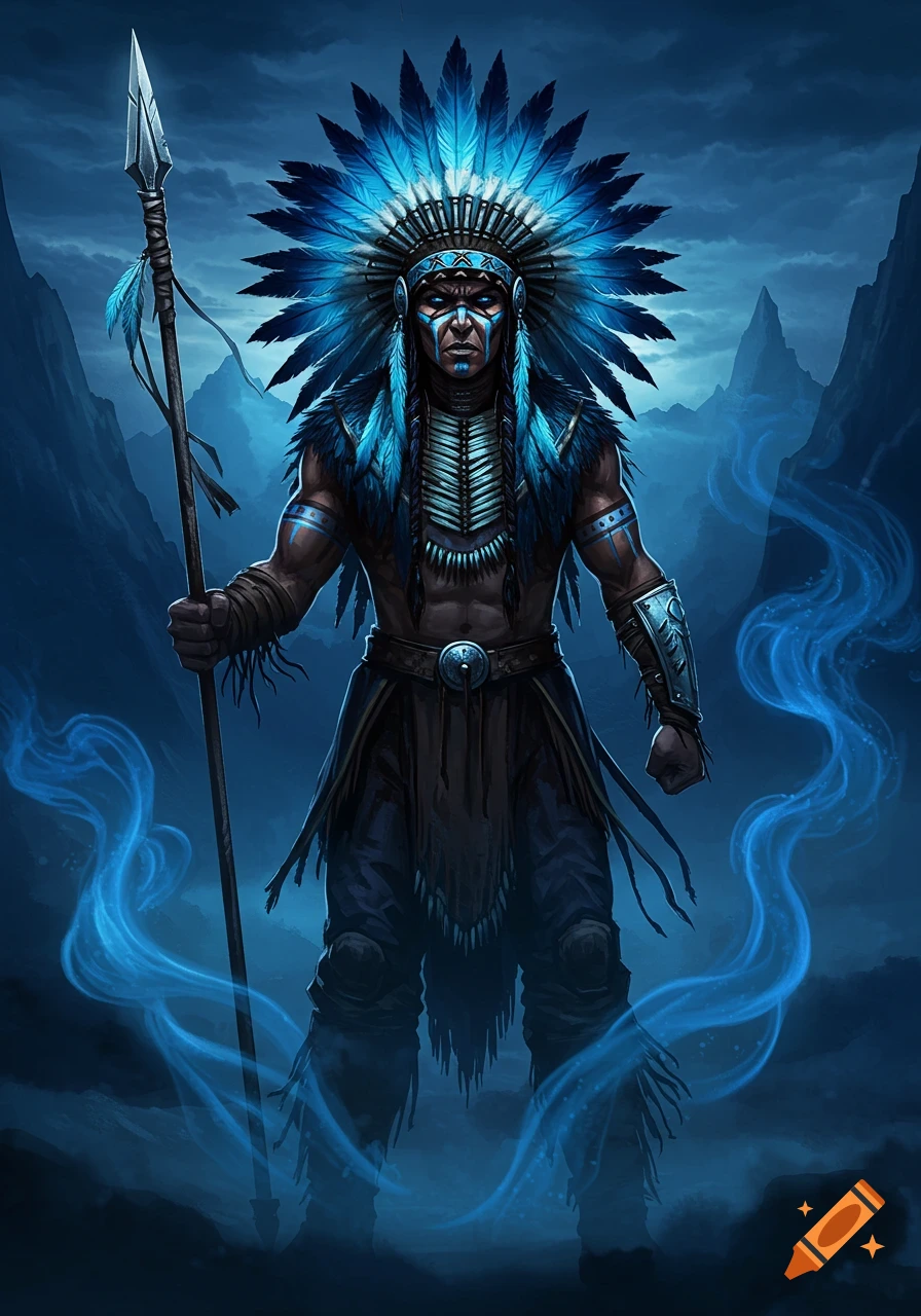 A digital illustration of a warrior figure in a large blue feathered headdress and face paint, holding a spear, standing in a misty blue mountain landscape with glowing energy.