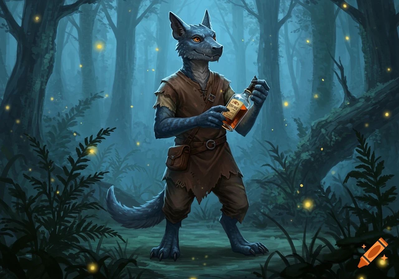 A blue-furred, dog-like kobold creature in a misty forest holding a bottle of amber liquid.