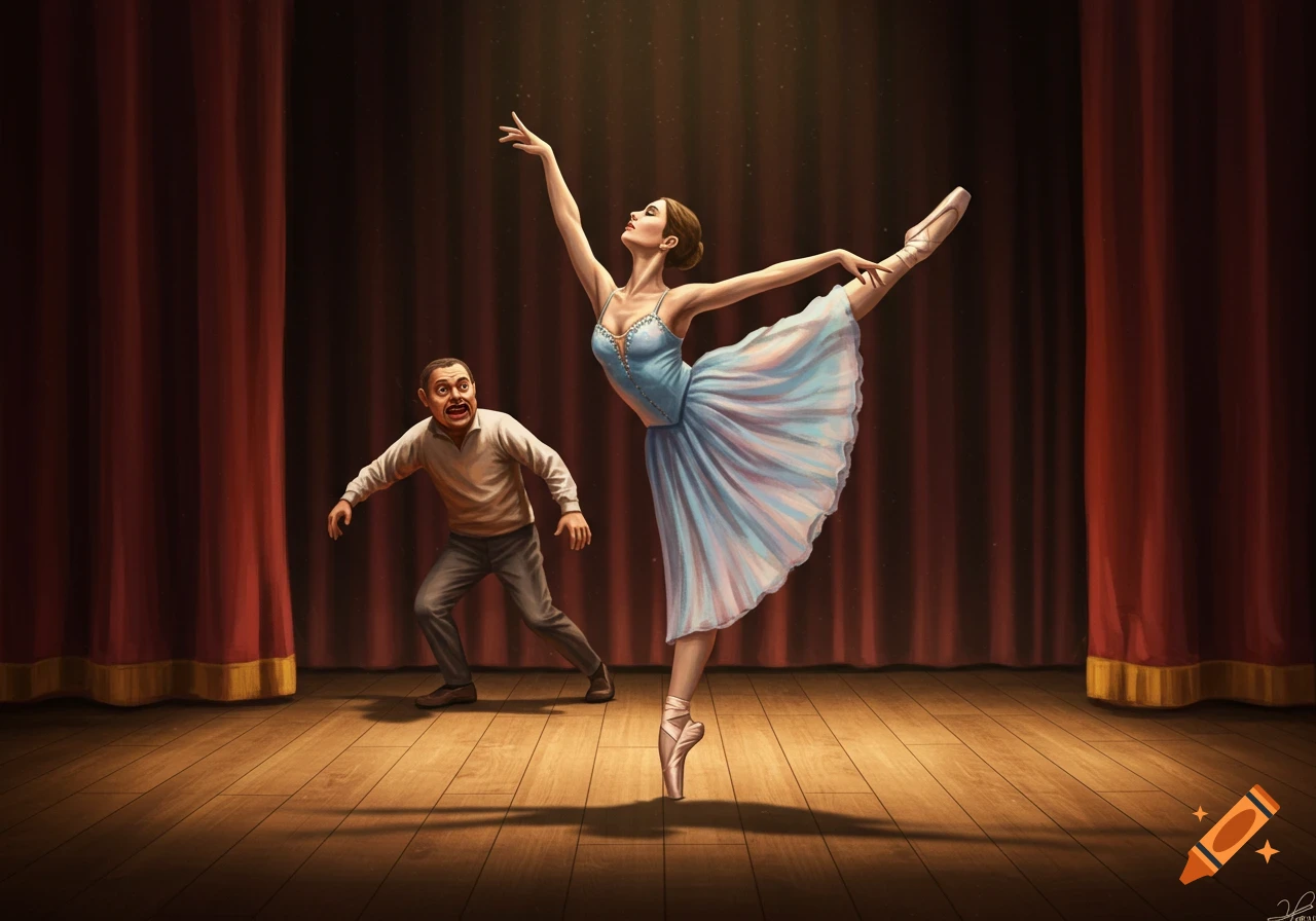 A ballerina in a blue tutu on pointe on a stage with red curtains, illuminated by a spotlight, with a wide-eyed man in the background.