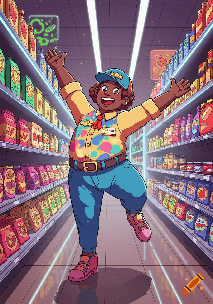 A happy, cartoon supermarket employee with dark skin and curly hair, wearing a colorful patterned shirt and blue uniform, stands in an aisle with arms wide open.