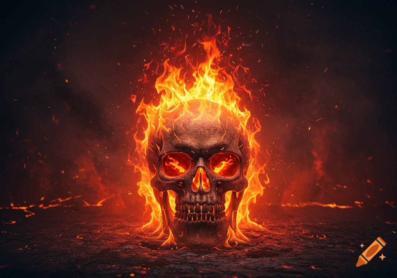 A skull engulfed in bright orange flames with glowing eyes sits on cracked ground amidst smoke and embers. Dark fantasy style.