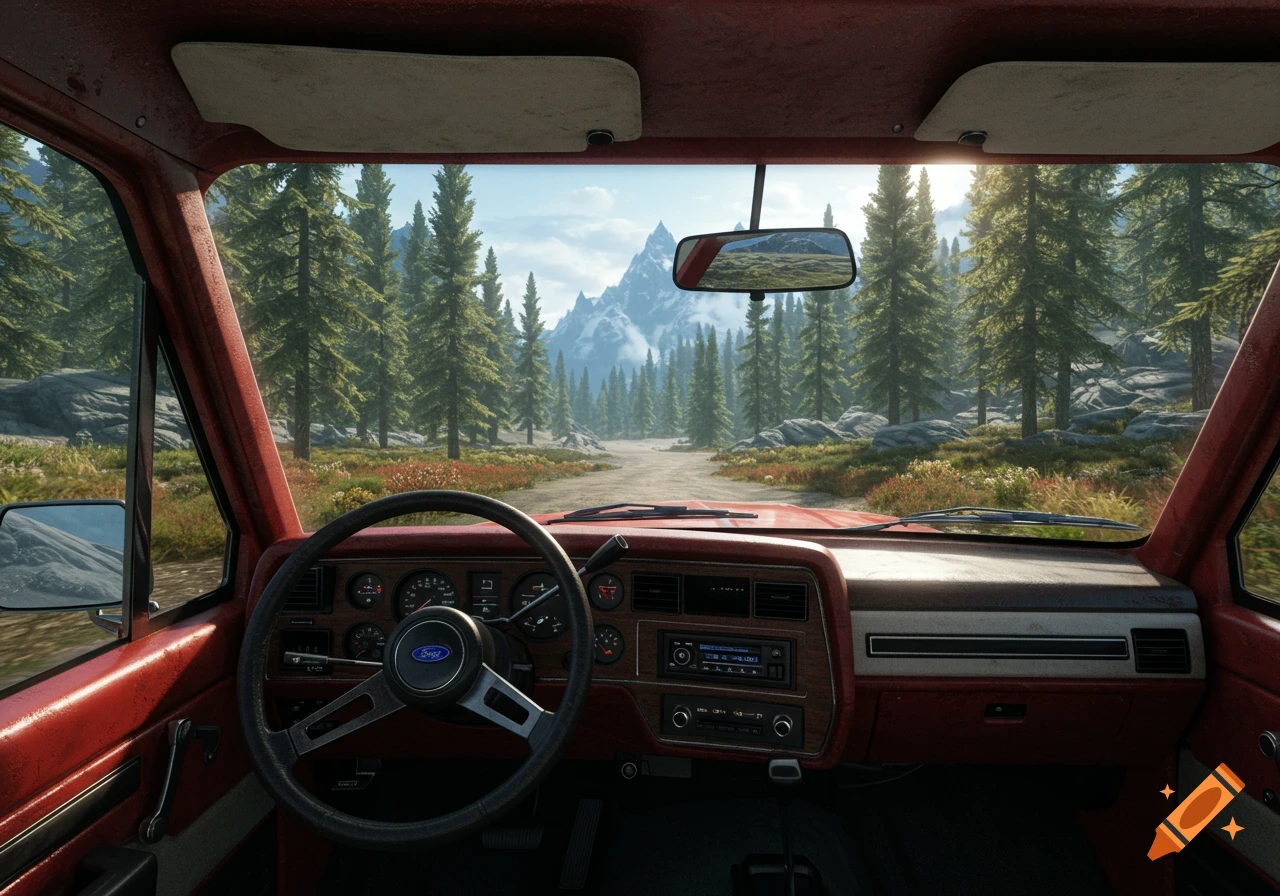 First-person view from the interior of a red vehicle driving on a dirt road through a dense pine forest with mountains in the distance.