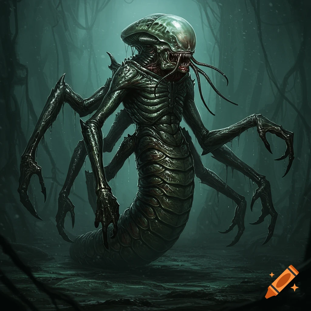 A towering, multi-limbed alien predator with green iridescent skin and a translucent head, in a dark swamp.