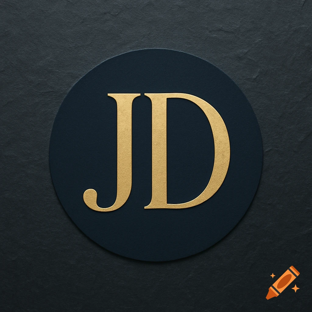 Gold letters JD on a dark blue circular background, set against a dark gray textured surface.