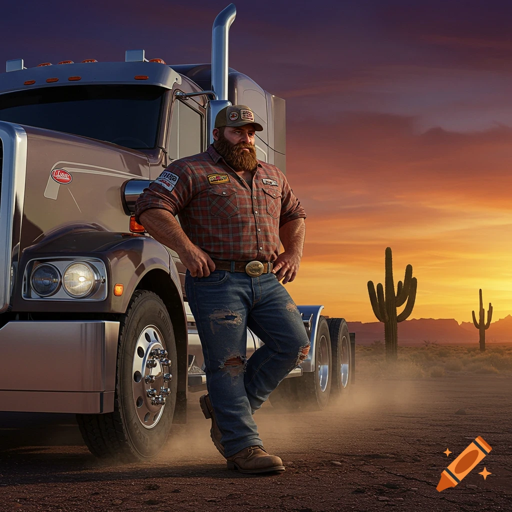 A bearded truck driver in a plaid shirt and jeans leans against a large brown semi-truck at sunset in a desert with saguaro cacti.