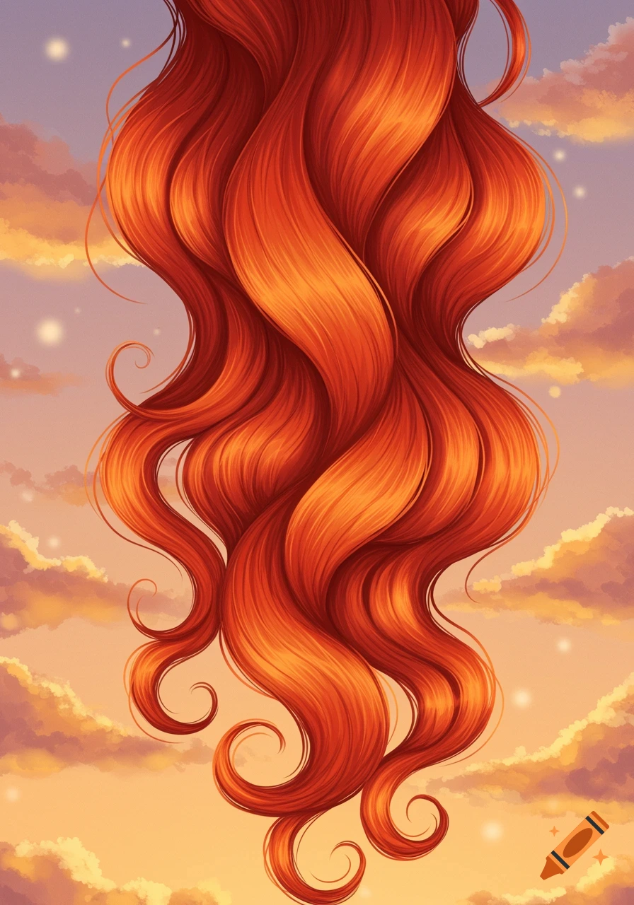 Long, flowing red wavy hair against a colorful sky with clouds, in a digital art style.