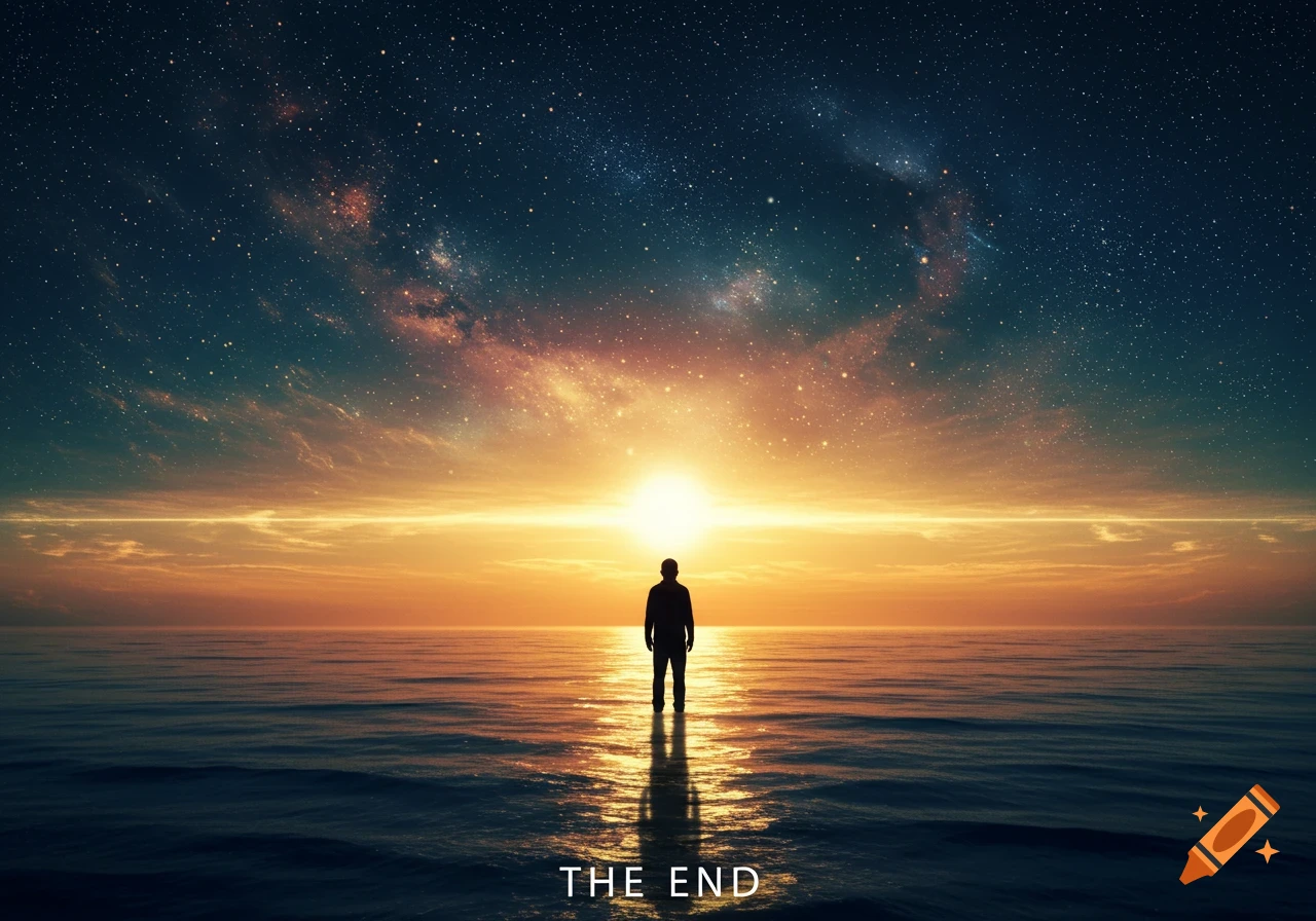 A lone silhouette stands in a vast ocean facing a brilliant sunset under a starry, cosmic sky, with 'THE END' at the bottom.