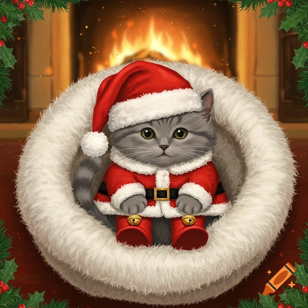 A cute gray cat in a Santa costume sits in a fluffy white bed by a cozy fireplace with holly decorations.