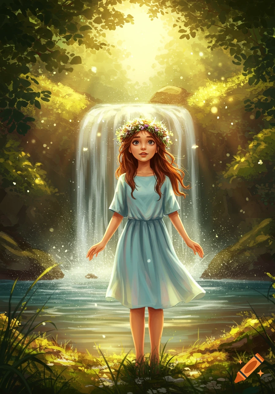 A cute animated girl with red hair in a pink dress looks up at a ...