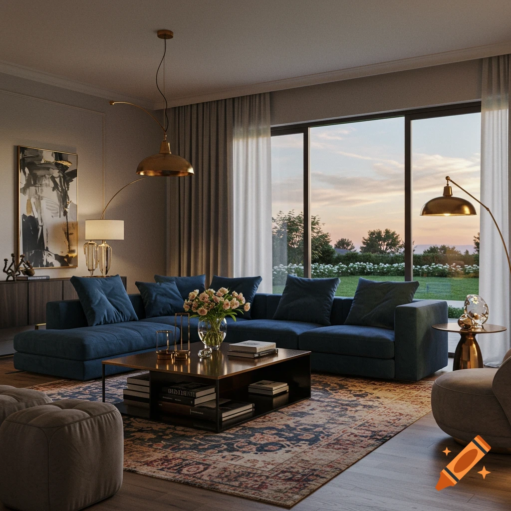 A photorealistic modern living room with a blue sectional sofa, coffee table, and large windows overlooking a garden at sunset.