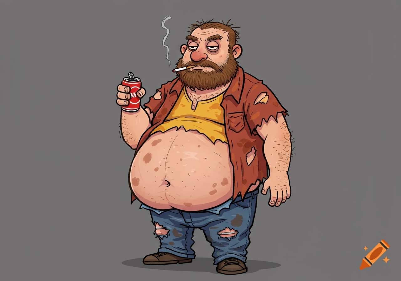 A 2D cartoon illustration of a scruffy, overweight man with a large belly, smoking a cigarette and holding a soda can.