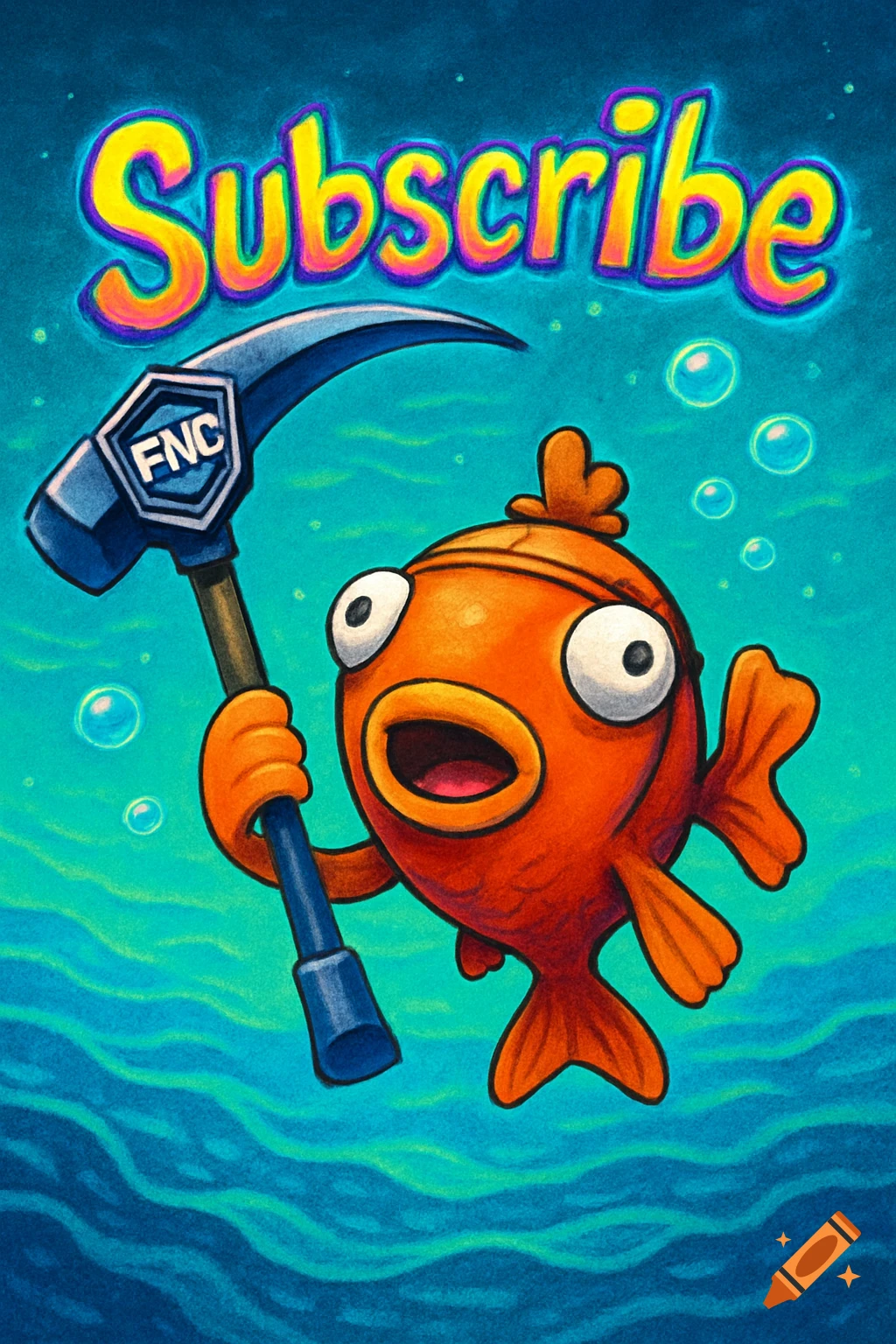 Cartoon orange fish holding an FNC pickaxe underwater, with 'Subscribe' text above, in an illustrative style.