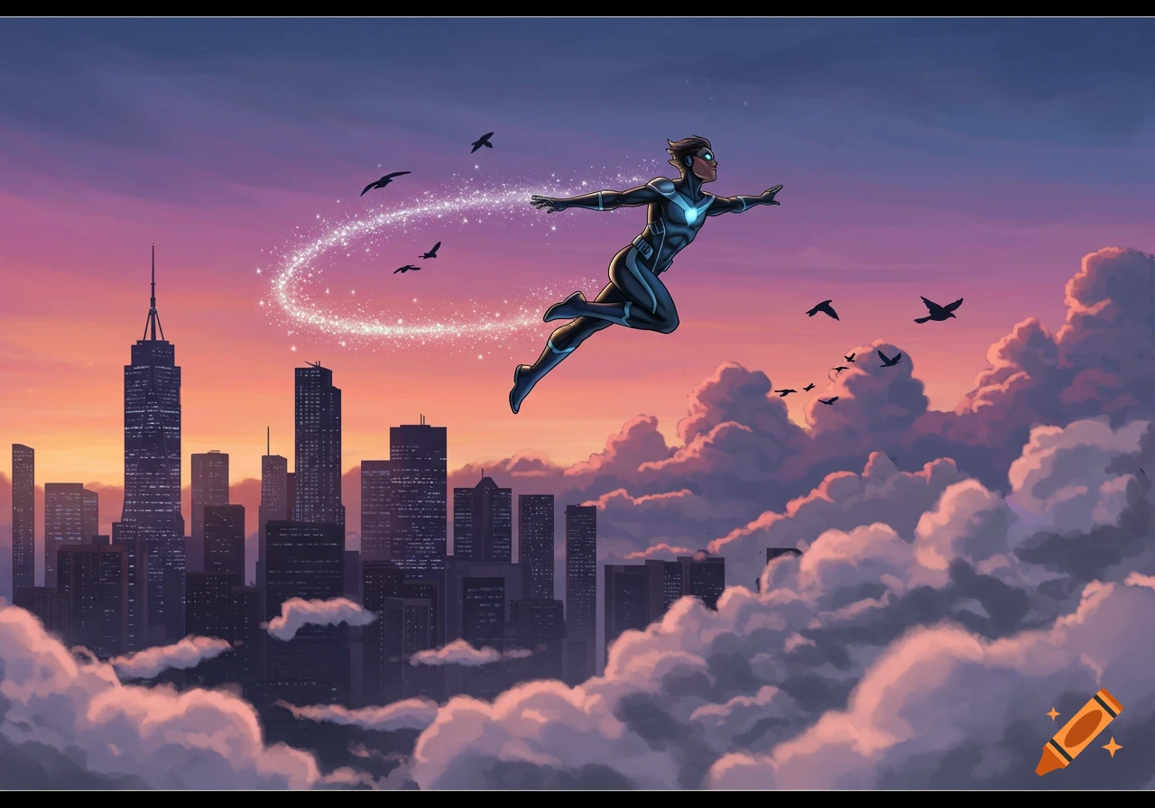 Superhero flying over a city at sunset, leaving a sparkling trail, with birds in the sky.