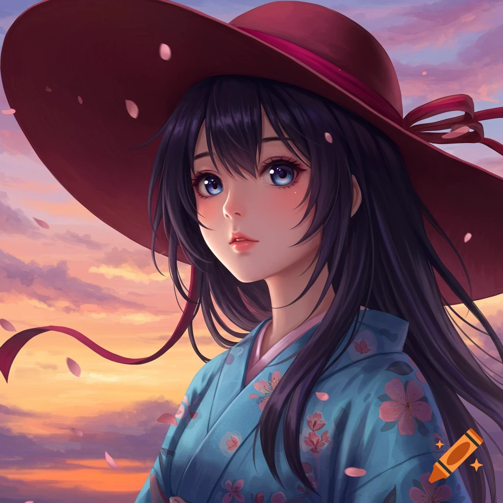 Anime portrait of a girl with dark hair, blue eyes, red hat, and blue kimono with cherry blossoms at sunset with falling petals.