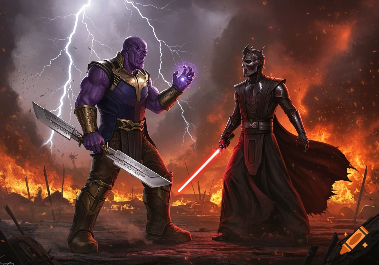 Thanos wields a double-bladed sword and purple energy, confronting a Sith-like figure with a red lightsaber on a fiery, stormy battlefield.