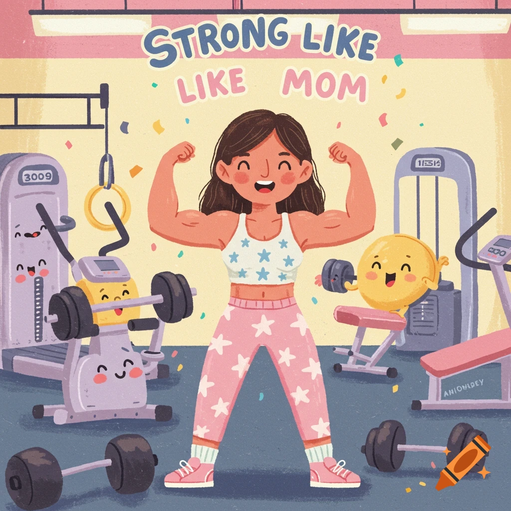 A smiling cartoon girl with dark hair flexes her biceps in a gym with pink and white star-patterned clothes. The text "STRONG LIKE LIKE MOM" is above her, and anthropomorphic gym equipment smiles around her.