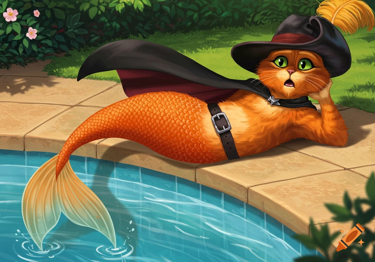 Puss in Boots as a mermaid, wearing a black cape and hat, lies surprised by a swimming pool.
