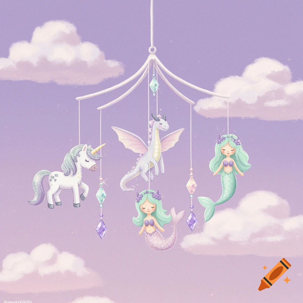 Whimsical illustration of a baby mobile with a unicorn, two mermaids, and two dragons, hanging in a pastel purple sky with clouds.