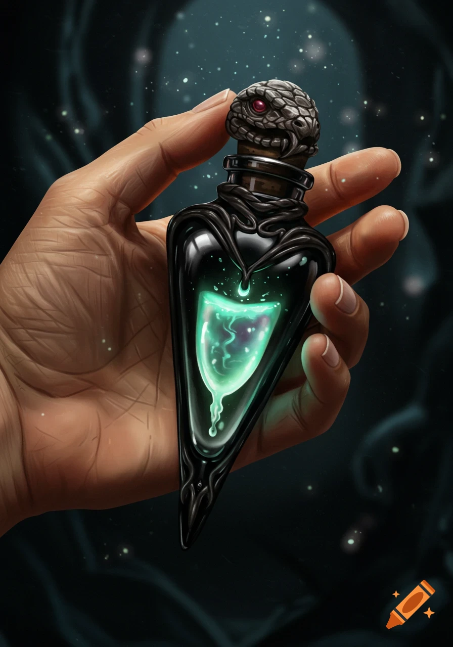 A hand holds a dark, triangular potion bottle with a snake-head stopper and glowing green fluid, against a dark magical background.
