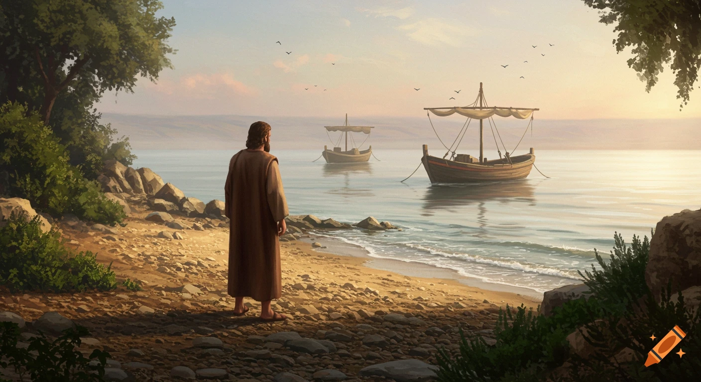 A man resembling Jesus stands on a rocky beach, looking out over a calm lake with two fishing boats at sunrise.