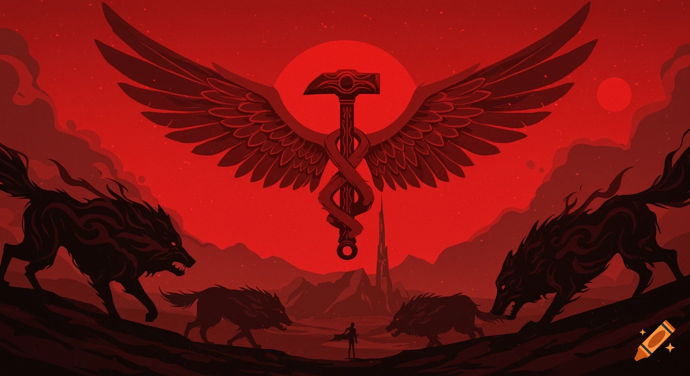 High-contrast graphic illustration in red tones with a winged hammer symbol, shadow wolves, and a figure in a desolate landscape.