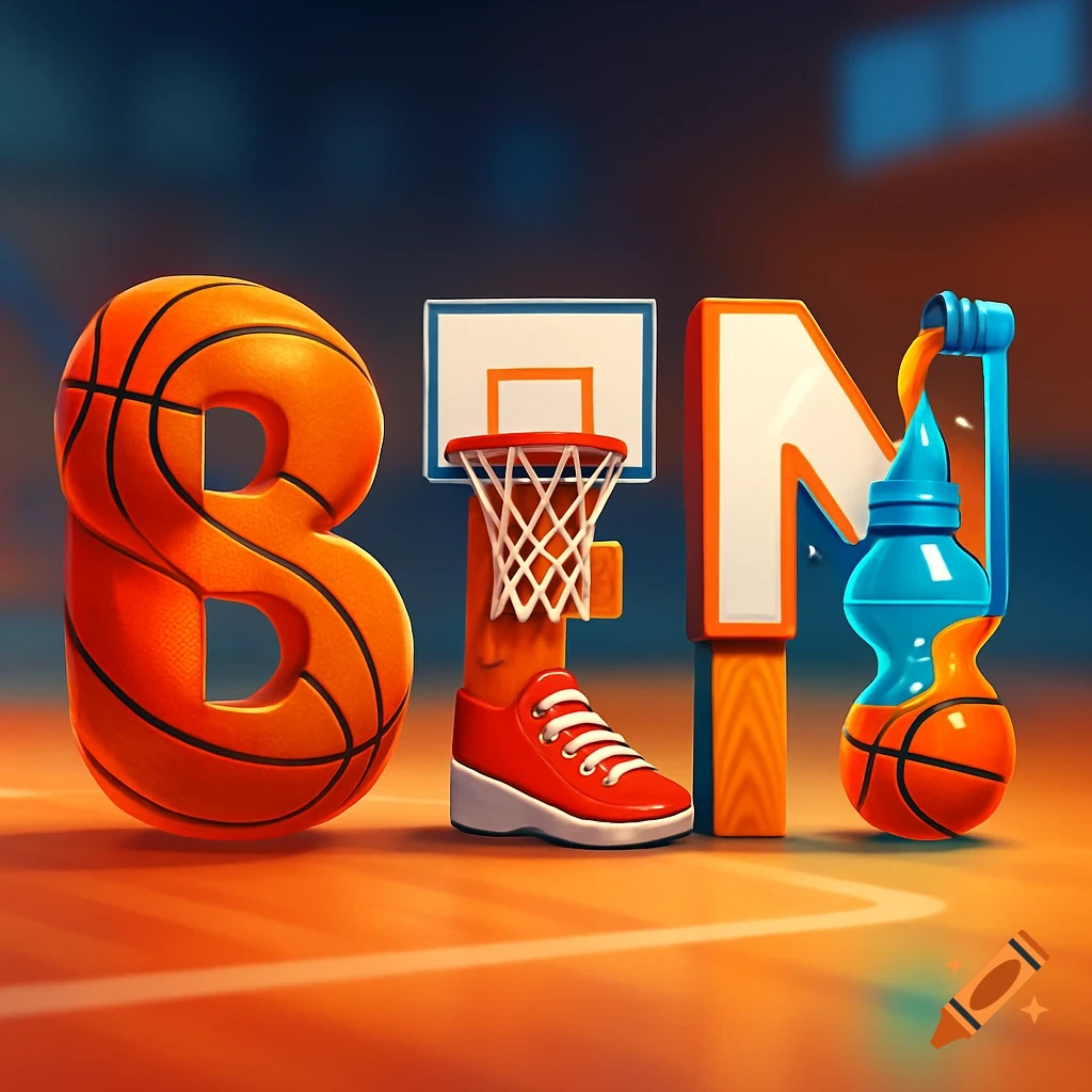 3D stylized letters B, E, N, made from basketballs, a hoop, and a water bottle, on a court.