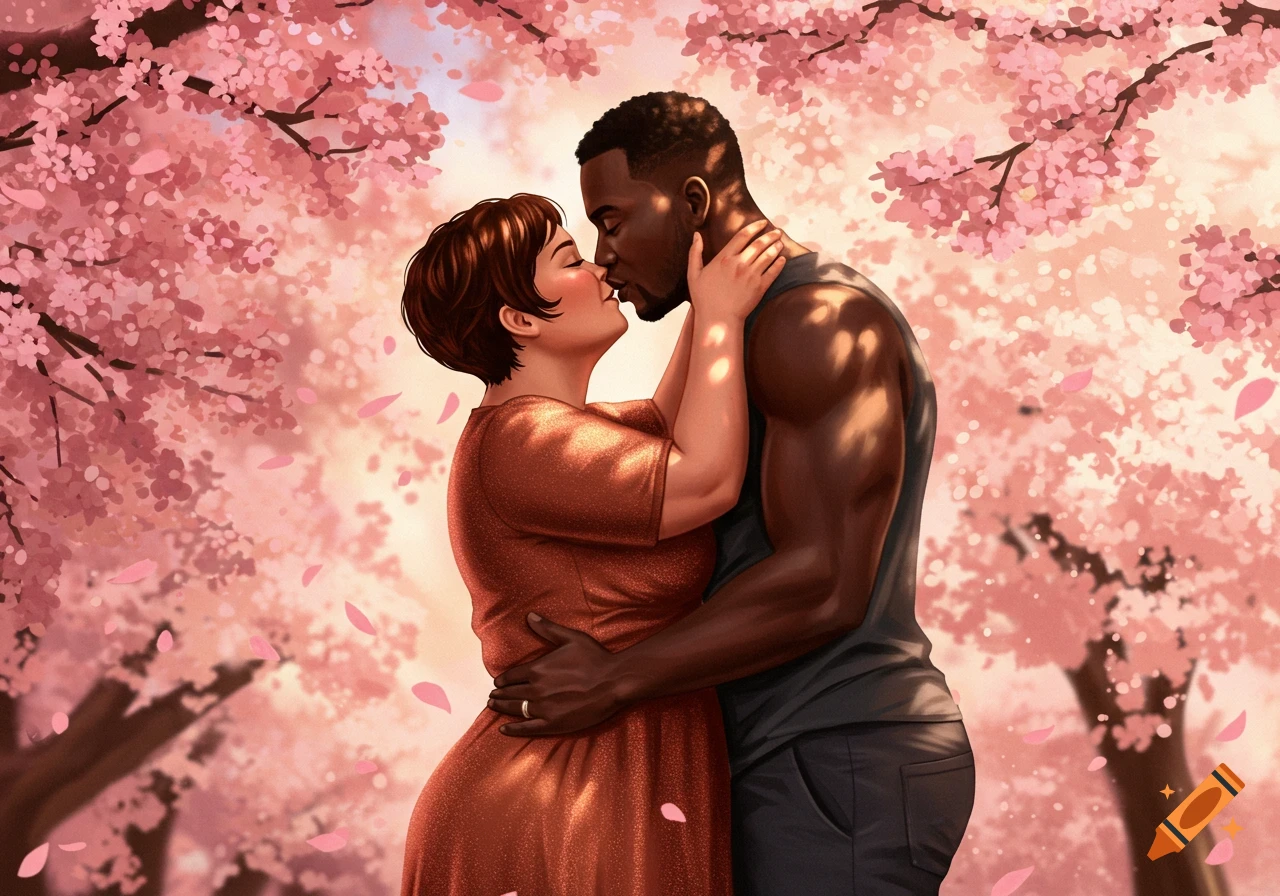 A Black man and a woman with short brown hair embracing and kissing under pink cherry blossom trees, illustrated.