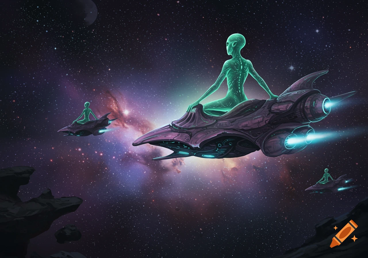 Three glowing green aliens fly sleek purple spaceships through a vibrant, star-filled nebula with dark asteroids.