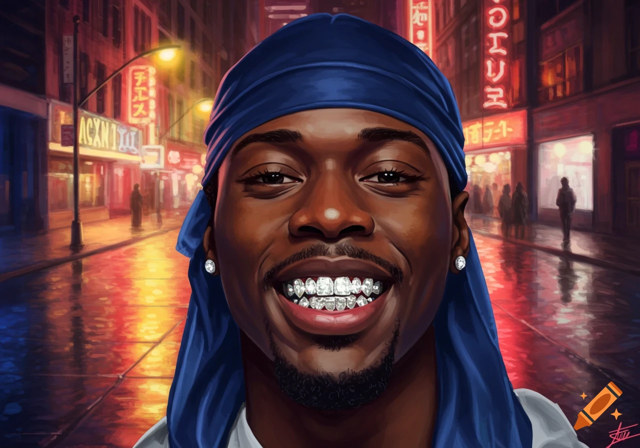 Stylized portrait of a Black man with a blue durag and diamond grillz, smiling against a neon-lit city background.
