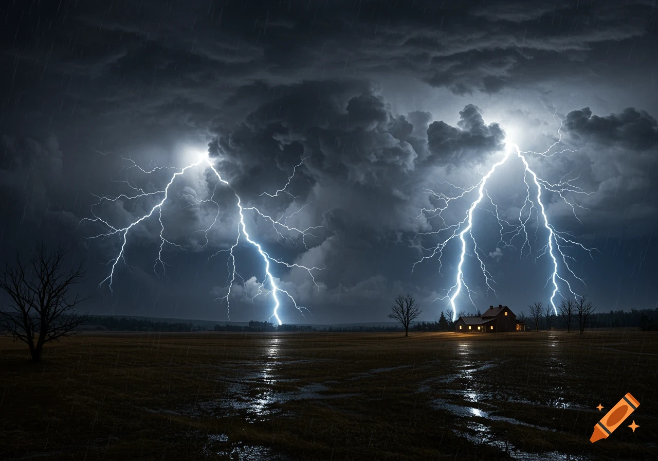 A dark, stormy sky with two bright lightning bolts striking a field, illuminating a small house and trees under heavy rain.